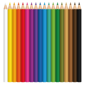 Colored pencil set with wood textured tips. Illustration over white background.