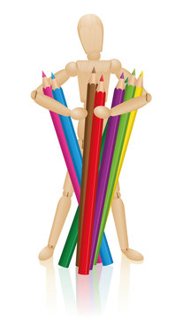 Artist figure holding a bunch of colored pencils. Illustration on white background.
