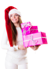 Woman santa helper hat with many pink gift boxes