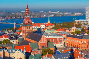 Aerial view of Old Town and Daugava, Riga, Latvia - obrazy, fototapety, plakaty