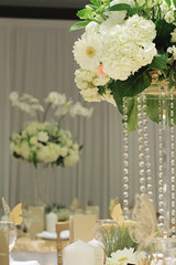 Hydrangea, roses and orchid bouquet. White and gold wedding table flower decoration. Glamorous Event, celebration. Crystal wedding table decor