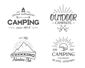 Retro badges and label logo graphics collection. Camping emblems, travel insignia. Monochrome vintage design. Family, canoe campsite, equipment shop etc. Vector