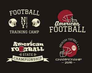 American football championship, team training camp badges, logos, helmet labels in retro color style. Graphic vintage design for t-shirt, web. Colorful print isolated on a dark background. Vector