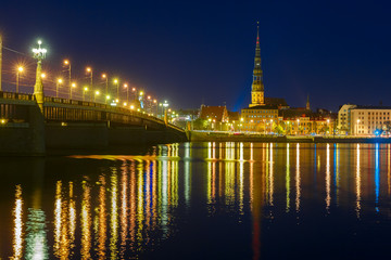 Fototapeta na wymiar Old Town and River Daugava at night, Riga, Latvia