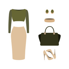 Set of  trendy women's clothes with top, skirt and accessories. Women's wardrobe. Vector illustration