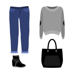 Set of  trendy women's clothes with jeans, pullover and accessories. Women's wardrobe. Vector illustration