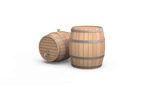 Two wooden barrels isolated on the white background. 3d illustration