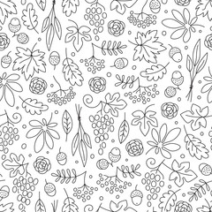 Seamless pattern with grapes, acorns, leaves and flowers. Beautiful background for Thanksgiving