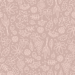 Seamless pattern with grapes, acorns, leaves and flowers. Beautiful background for Thanksgiving