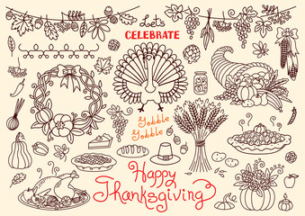 Let's celebrate Happy Thanksgiving doodles set. Traditional symbols - thanksgiving turkey, pumpkin pie, corn, cornucopia, wheat. Freehand vector drawings collection isolated