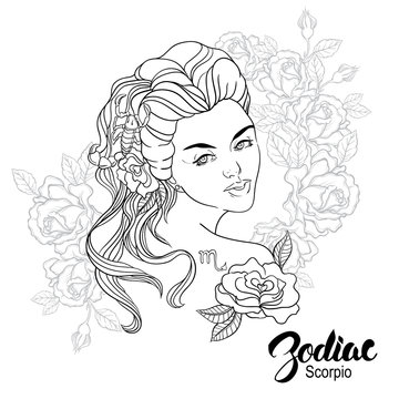 Zodiac. Vector illustration of Scorpio as girl with flowers.
