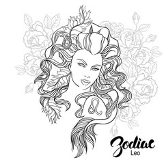 Zodiac. Vector illustration of Leo as girl with flowers. 