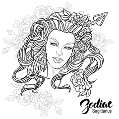 Zodiac. Vector illustration of Sagittarius as girl with flowers.