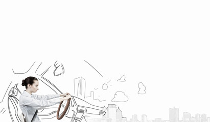 Woman with steering wheel