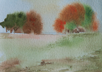 Fototapeta premium Autumn landscape, watercolor painting
