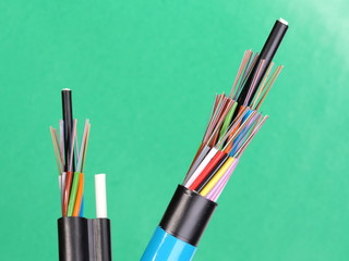 Two fiber optic loose tube cables with stripped ends and bare exposed colored optical fibers,...