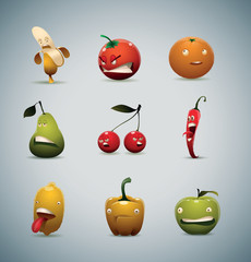 Vector cartoon image of unhappy: yellow banana, tomato red, orange, green pear, red cherries, red hot pepper, lemon, yellow pepper, green apple on a light gray background.