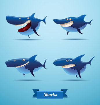 Vector Set of sharks. Cartoon image of four funny blue sharks on a light blue background.