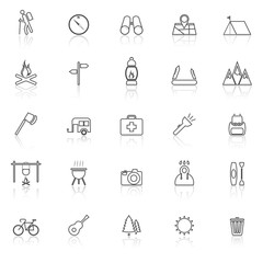 Trekking line icons with reflect on white background