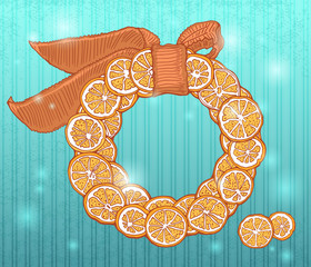 citrus orange wreath with a bow on a blue background, vector illustration