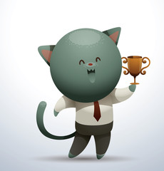 Vector Cat in office, with award. Cartoon image of a gray cat in a  white shirt, black trousers and a brown tie,  with award in his paw, in the office on a light background.