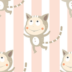 Vector seamless pattern with cartoon children in suits. Little  cat.