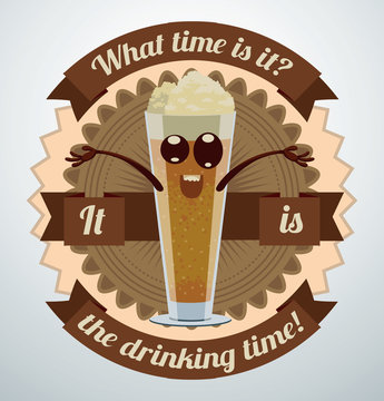 Vector Cartoon Beer Label, Pilsner Glass. Cartoon image of a beer label brown color with a smiling Pilsner Glass of beer in the center on a light background.
