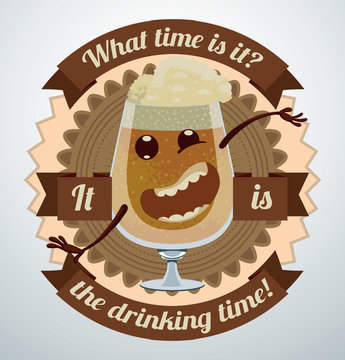 Vector Cartoon Beer Label, Snifters. Cartoon image of a beer label brown color with a smiling Snifters Glass of beer in the center on a light background.