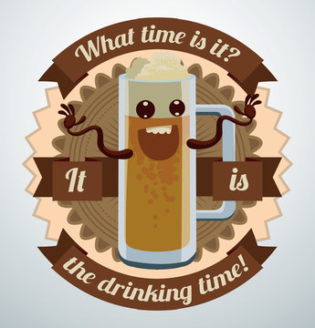 Vector Cartoon Beer Label, Tall Mug. Cartoon image of a beer label brown color with a smiling tall mug of beer in the center on a light background.