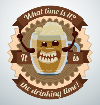 Vector Cartoon Beer Label, Thick Mug. Cartoon image of a beer label brown color with a smiling thick mug of beer in the center on a light background. 