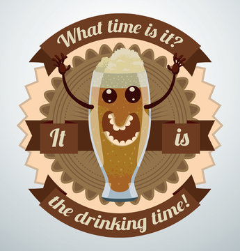 Vector Cartoon Beer Label, Weizen Glass. Cartoon image of a beer label brown color with a smiling Weizen Glass of beer in the center on a light background.