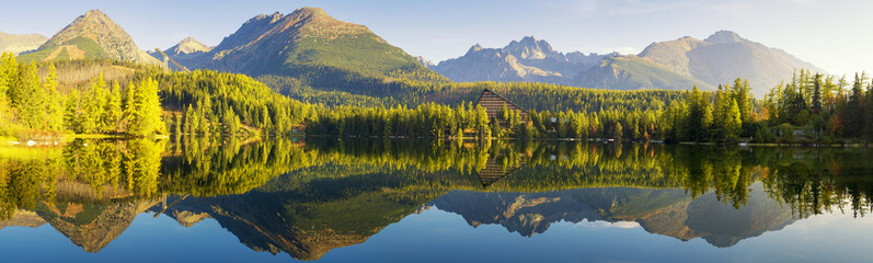 High resolution panorama of mountain lake Strbske Pleso