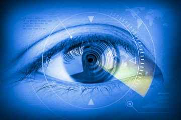 Close up women eye scanning technology in the futuristic.