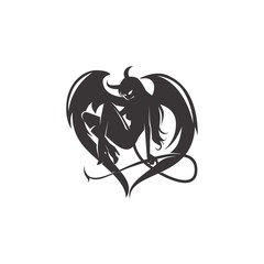 female devil succubus with wings and tail black and white tattoo vector illustration