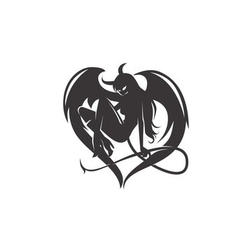 Naklejka female devil succubus with wings and tail black and white tattoo vector illustration