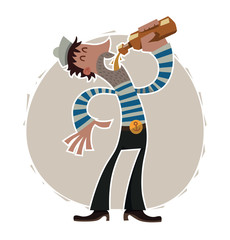Fototapeta premium Vector cartoon image of a drunken sailor in black trousers, white and blue striped vest and a white sailor hat drinking beer from a bottle on a light gray background.