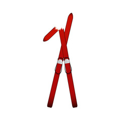 Pair of old wooden alpine skis in dark red design, one is broken