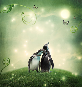 Two penguin friendship or love theme image