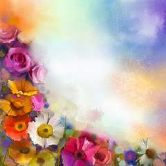Obraz premium Abstract floral watercolor painting. Hand paint White, Yellow, Pink and Red color of daisy- gerbera and rose flowers in soft color on soft blue- green color background.Spring flower seasonal nature 