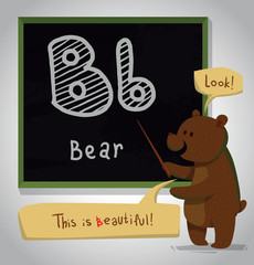 Vector cartoon image of a funny brown bear standing with a pointer in his paw near the blackboard, with the letter 