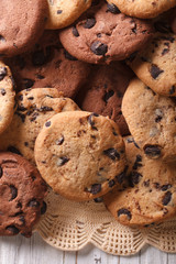chocolate chips cookies macro on the table. Vertical top view 
