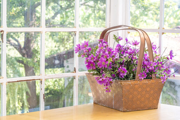 Artificial flowerpot near the glass window