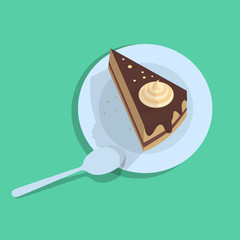 Illustration flat piece of cake with a spoon and shadow