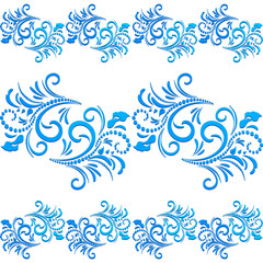 Blue vector floral seamless linear patterns in gzhel style on a white background. Vector illustration EPS 10