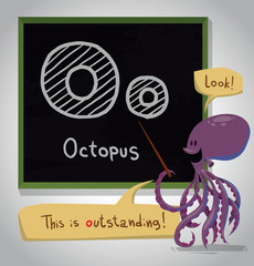 Vector cartoon image of a funny purple octopus standing with a pointer in his paw near the blackboard, with the letter "O" is written on it, on a light gray background. For children's learning.