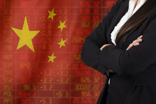 Flag of China. Downtrend stock data diagram with business woman - Powered by Adobe