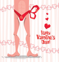 Vector Valentine card with man. Cartoon image of the lower half of the male body in red underwear on pink white striped background with red and pink heart symbol. In the theme of Valentine's Day.