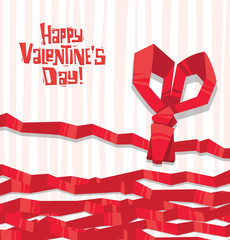 Naklejka premium Vector Valentine card. Card for Valentine's Day with a red ribbon tied in the shape of the heart symbol on pink white striped background. In the theme of Valentine's Day.