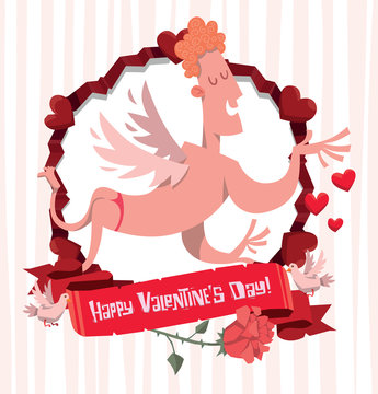 Vector cartoon image of Frame Valentine's Day bright red with flowers, doves and heart symbol with sexy pink cupid with wings in red trunks, flying  on pink white striped background. 