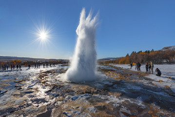 Eruption of Strokkur Geyser in Iceland